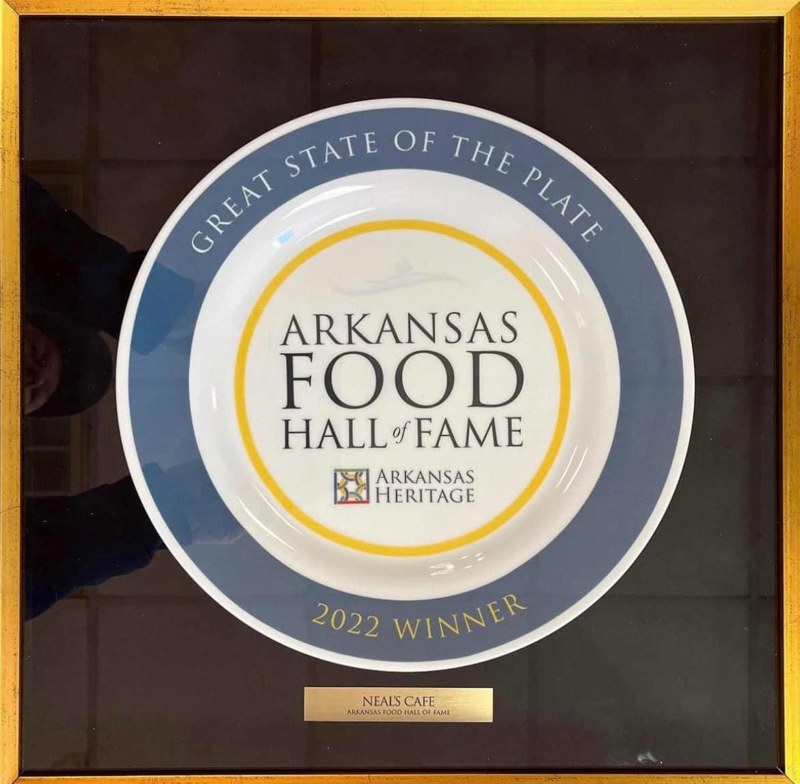 Framed Arkansas Food Hall of Fame plate, 2022 Winner, with Neal's Cafe nameplate